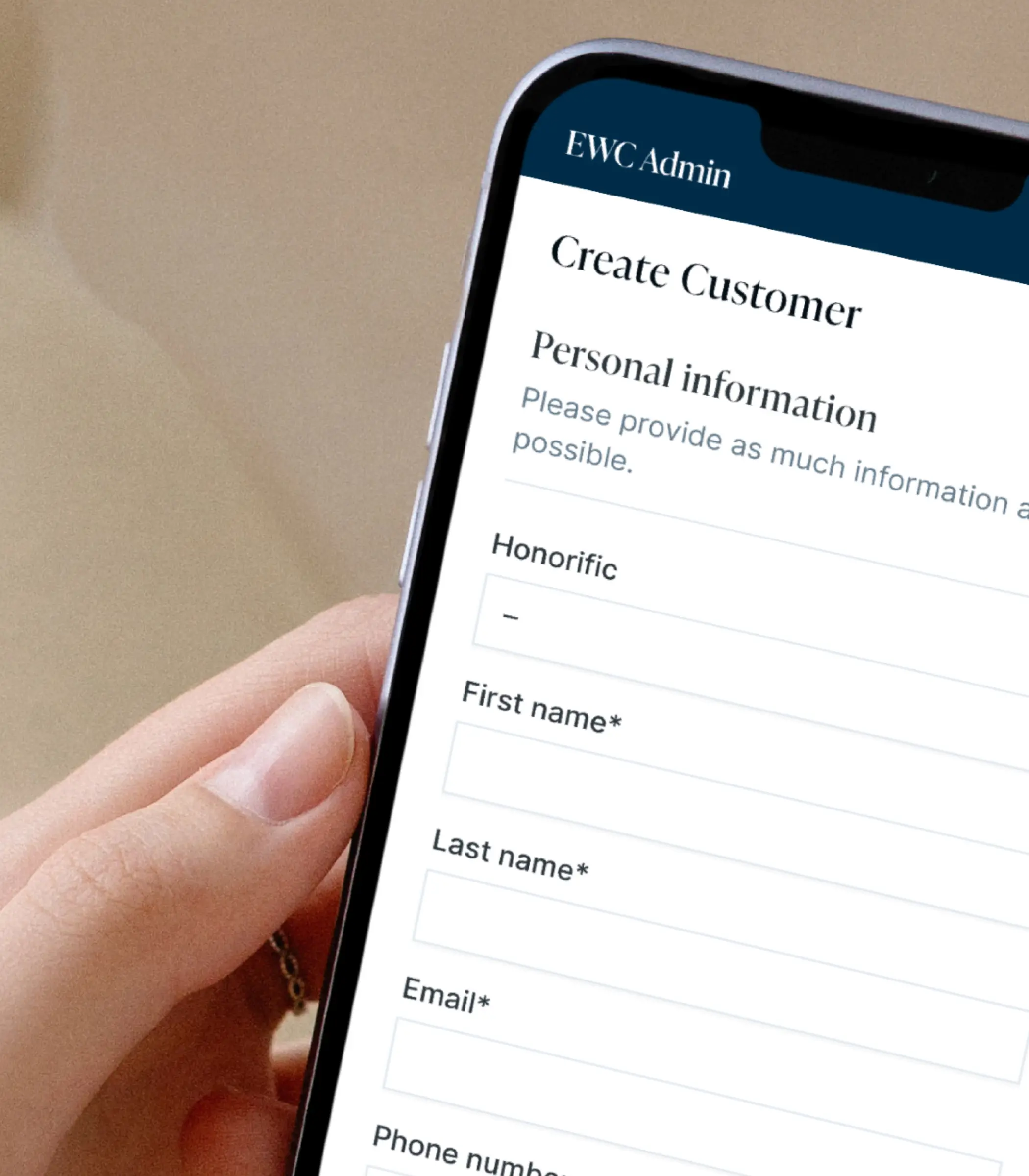 A screenshot of the EWC new customer form on a mobile device.